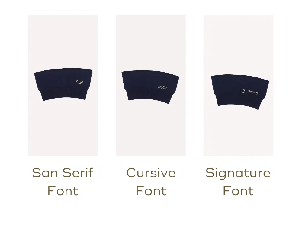 Sweater customization with three font options: San Serif, Cursive, and Signature