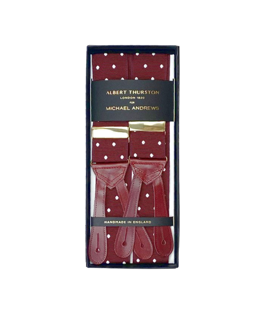 (product) Burgundy Suspenders w/ White Dots