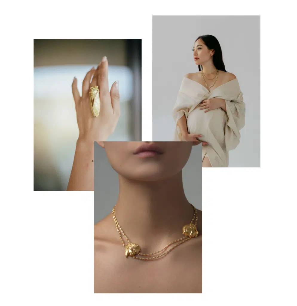 Rachel Bu's works, founder of Authorne, featuring intricate gold jewelry designs