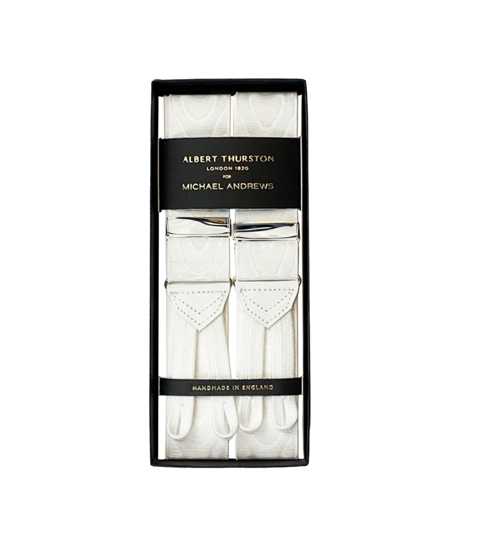 (product) White Moire Suspenders w Silver Hardware