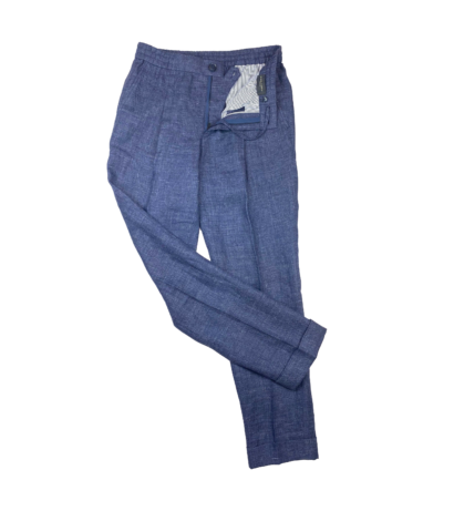 (product) Dark Blue Linen Elastic Waist Pants