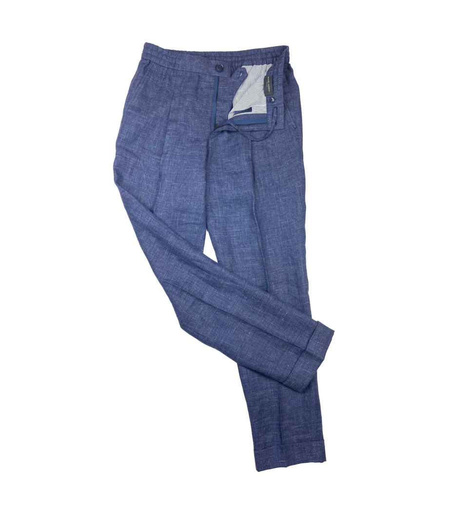 (product) Dark Blue Linen Elastic Waist Pants