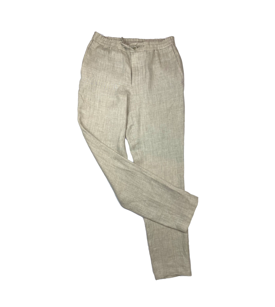 (product) Tan Linen Elastic Waist Pants