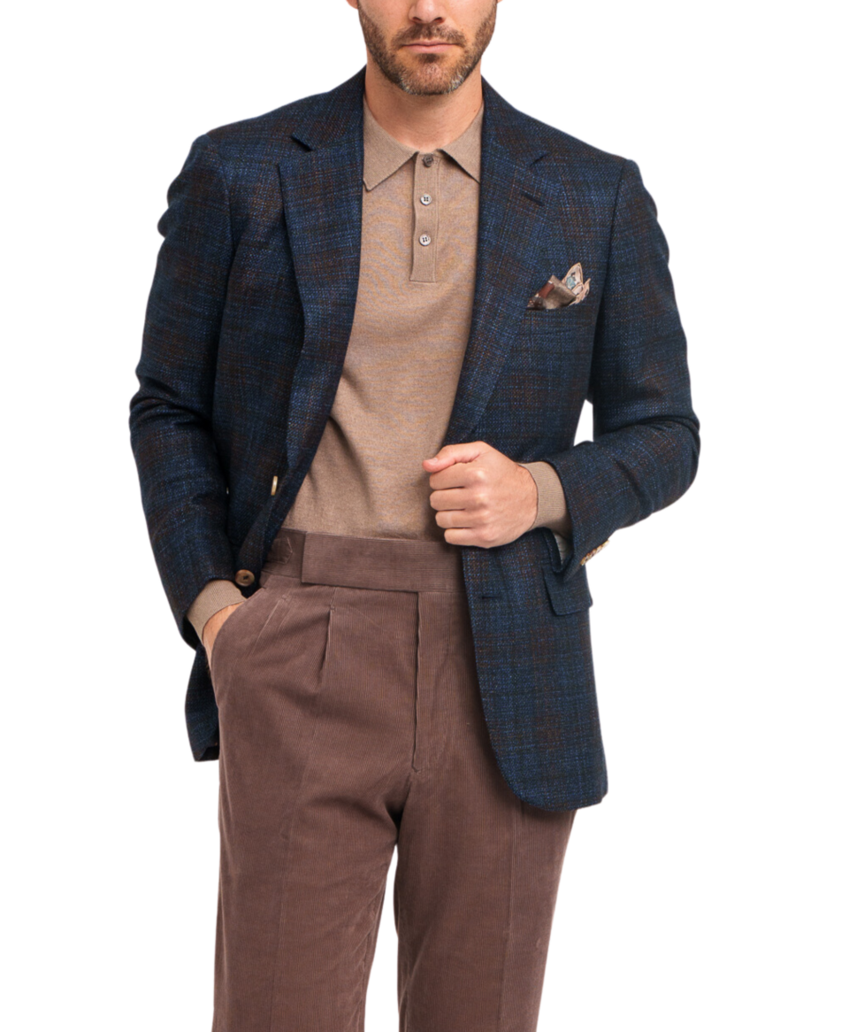 (product) Blue & Brown Wool Silk Glen Check Sport Coat