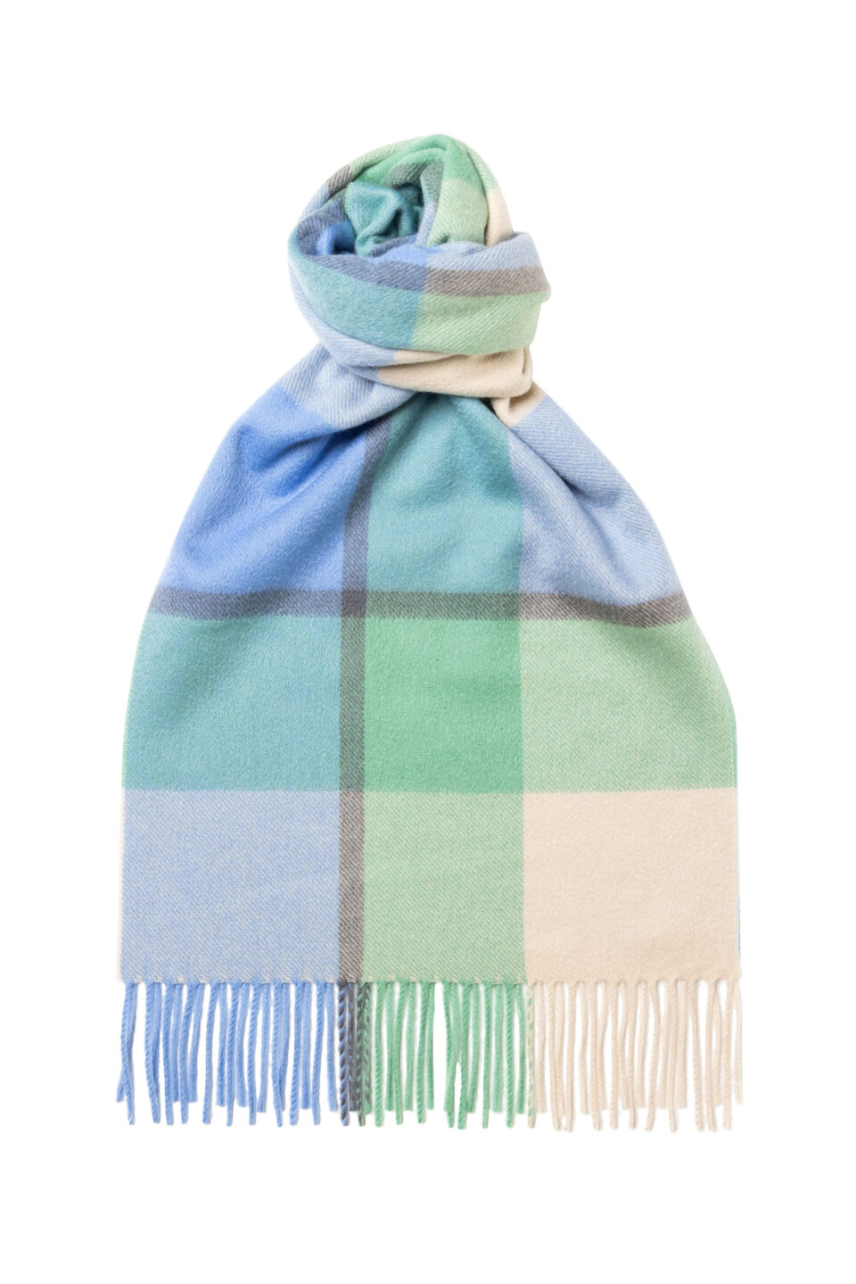 (product) Blue x Applemint Green Plaid Wide Cashmere Scarf, knotted