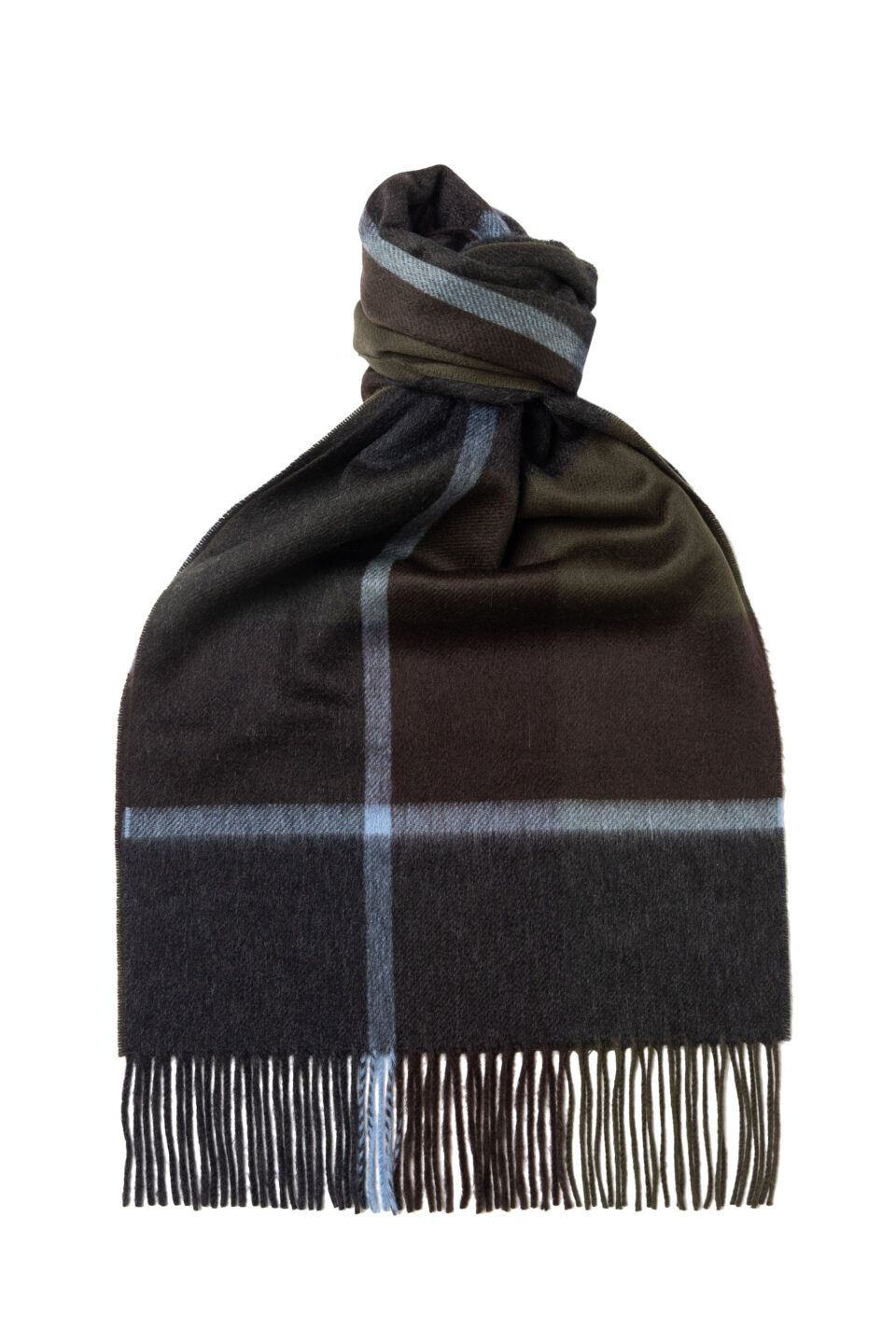 Plaid Wide Cashmere Scarf Dark Brown, knotted