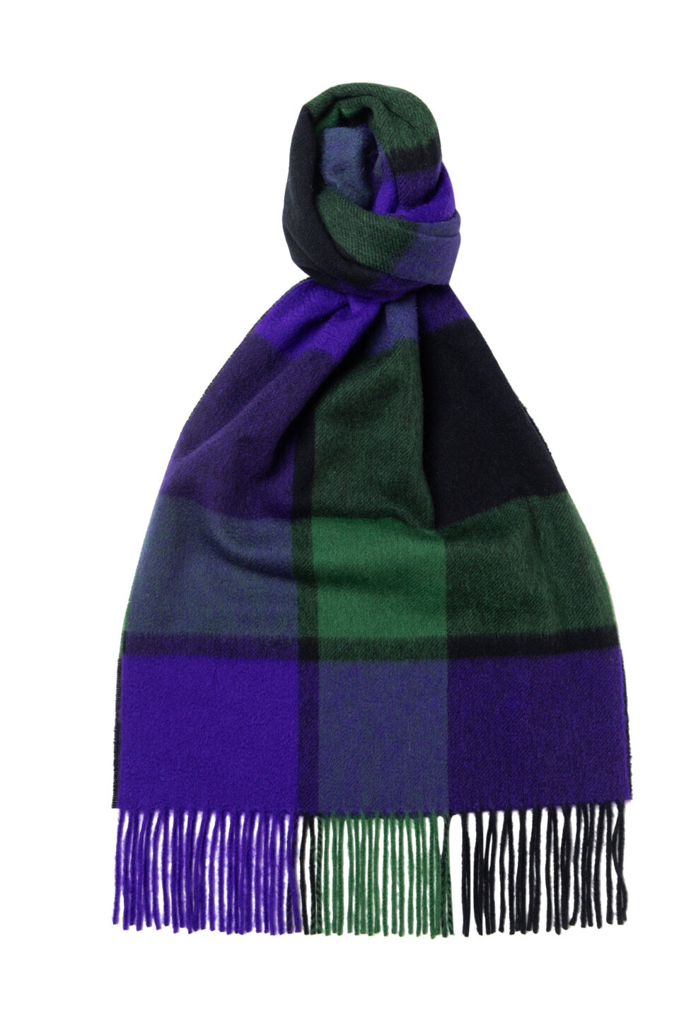 (product) Green x Purple Plaid Wide Cashmere Scarf, knotted