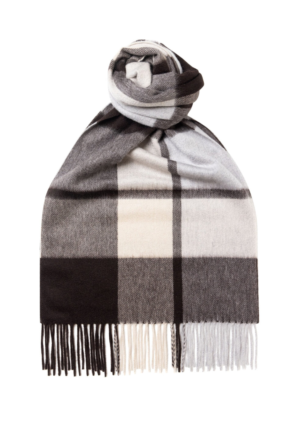 (product) Brown Plaid Wide Cashmere Scarf, knotted