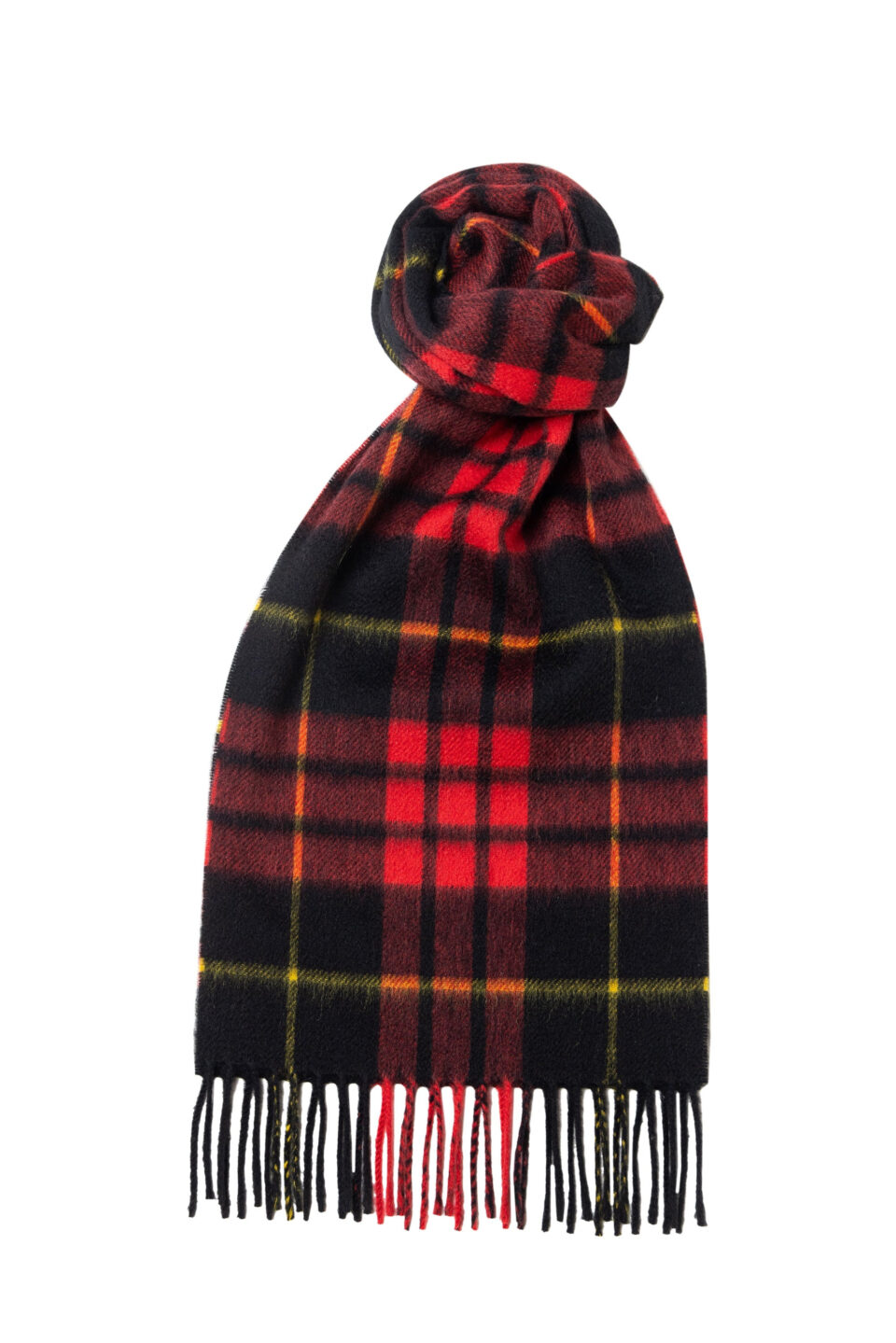 (product) Red x Black Modern Tartan Cashmere Scarf, knotted