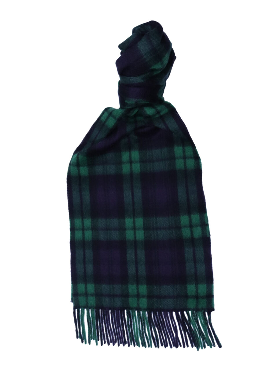 (product) Navy x Green Modern Tartan Cashmere Scarf, knotted