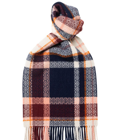 (product) Navy x Orange Diamond Check Lambswool Scarf, knotted