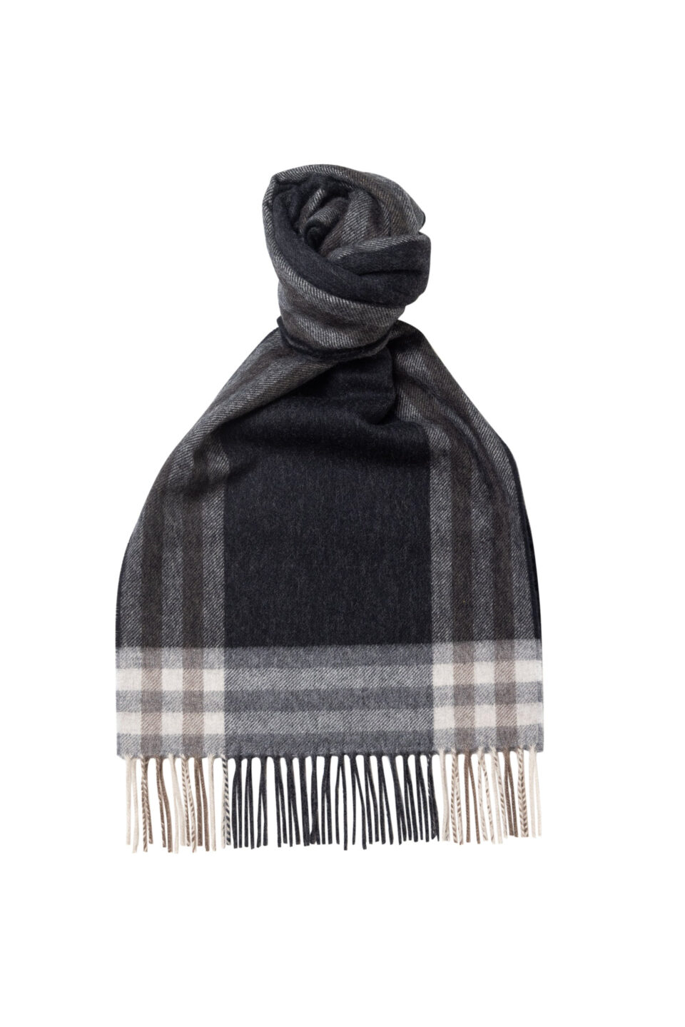 (product) Brown Framed Cashmere Blend Scarf, knotted