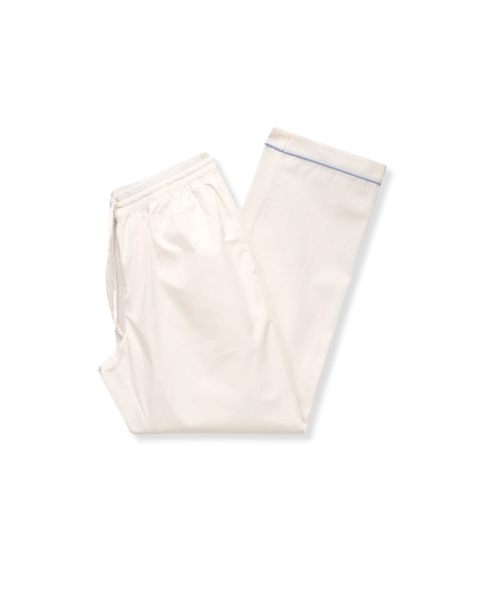 Michael Andrews custom white poplin pajama pants with light blue piping