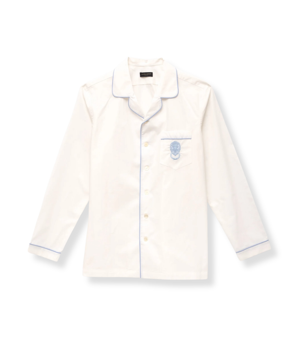 Michael Andrews custom white poplin pajama shirt with light blue piping