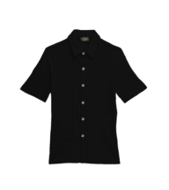 Black Silk Cashmere Ribbed Short-Sleeve Knit Buttondown