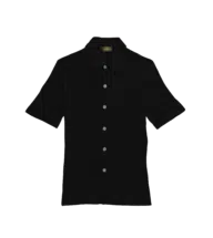 Black Silk Cashmere Ribbed Short-Sleeve Knit Buttondown