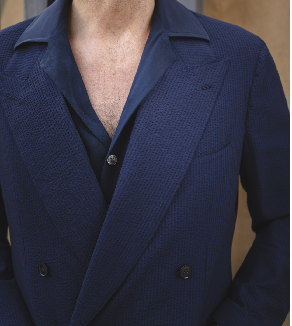 Solid Navy Seersucker Suit Close Up