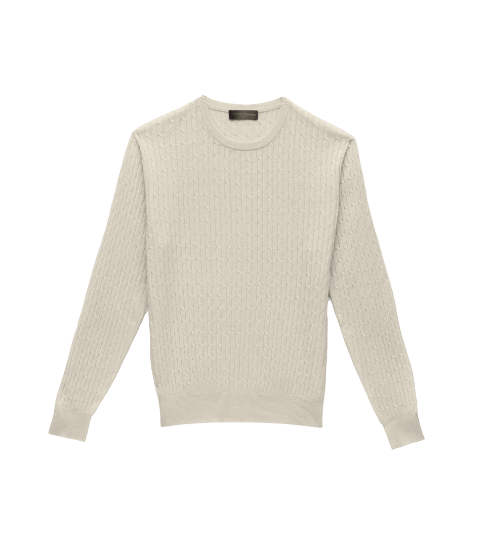 Michael Andrews Custom Merino Wool Cableknit Sweater in White
