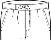Technical drawing of swim shorts featuring a string-tie waist