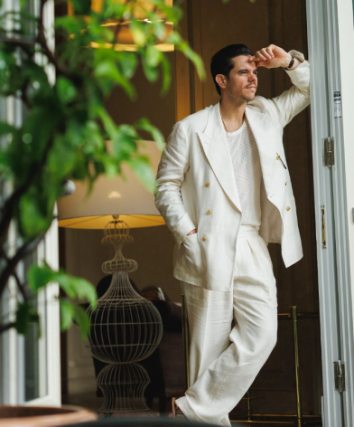 Cory in Ivory linen suit