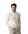 Model wearing a custom white merino wool cable knit sweater