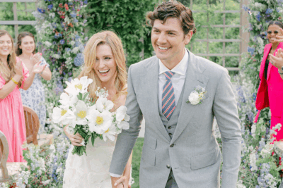 Garden wedding- groom wearing a 3-piece light gray suit