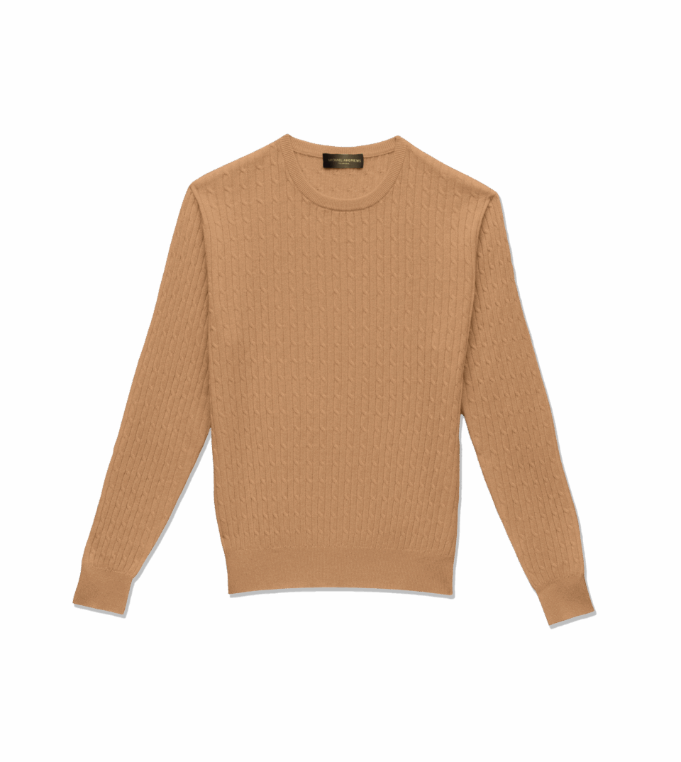 Michael Andrews Cable Knit Crew Neck Sweater in Camel