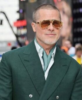 Brad Pitt wearing Green Suit for Formula 1 event