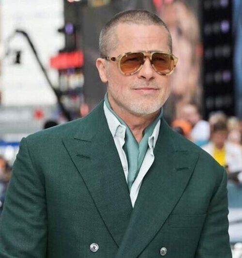 brad-pitt-formula-1.jpg-bottle-green Brad Pitt wearing Green Suit for Formula 1 event