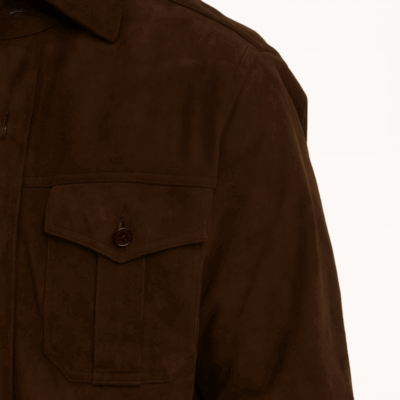 close up of a brown lamb suede overshirt