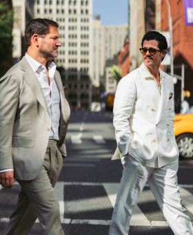 Michael Andrews and Cory walking custom suit nyc - custom suits nyc bespoke tailor midtown, noho