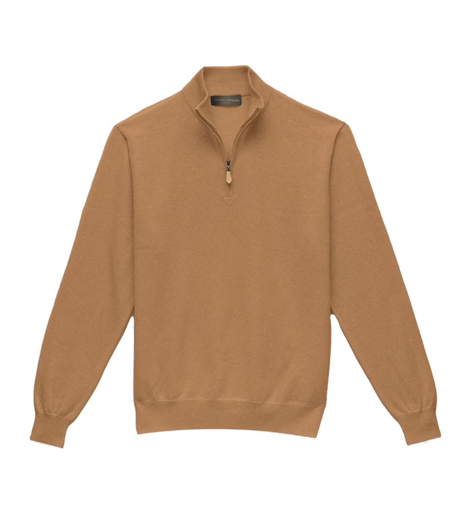 Michael Andrews Custom Merino Wool 1/4 Zip Mock Sweater in Camel