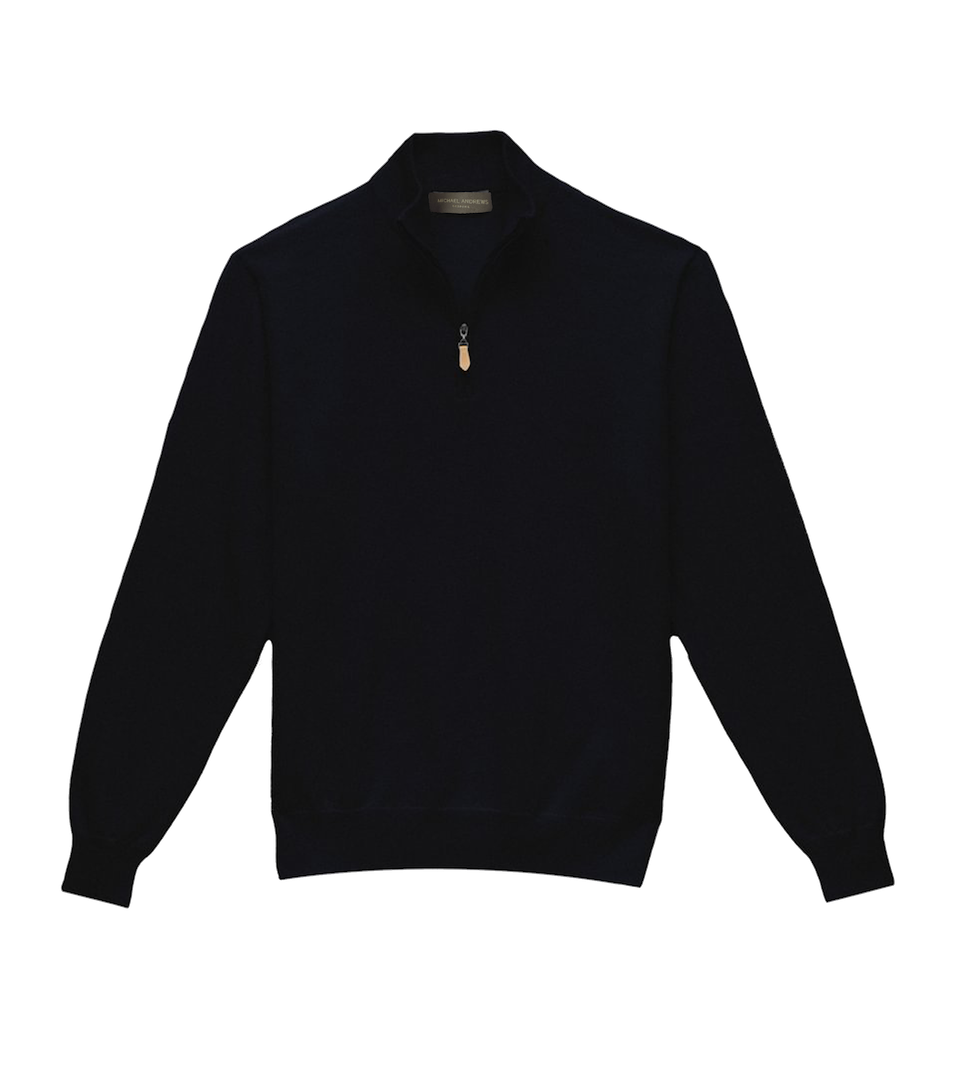 Michael Andrews Custom Merino Wool 1/4 Zip Mock Sweater in Navy