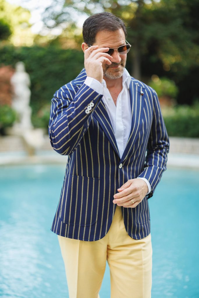 Michael in Blue Boating Stripe Jacket and Yellow Pants - custom suits nyc bespoke tailor midtown, noho