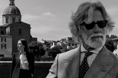 Black-and-white Florence portrait of two tailored figures overlooking the city, capturing the Michael Andrews Bespoke x Dormeuil lookbook’s blend of modern elegance and timeless cloth.