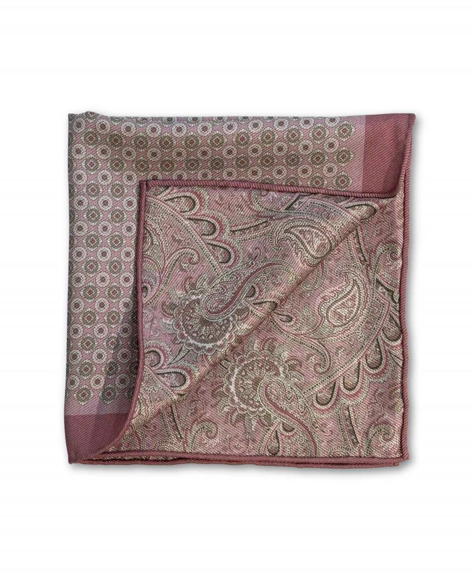 Pink White and Green Medallion and Paisley Double Sided Pocket Square