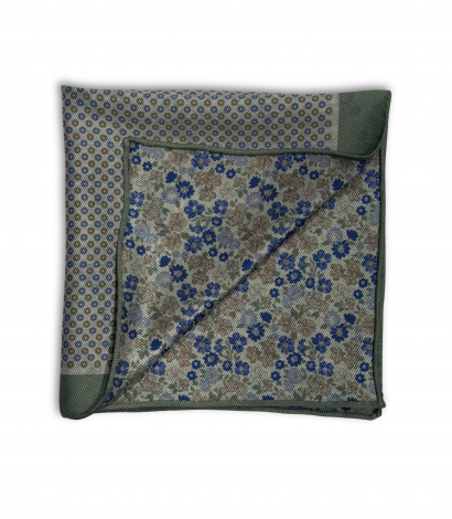 Green, Blue and Olive Floral and Dots Double Sided Pocket Square