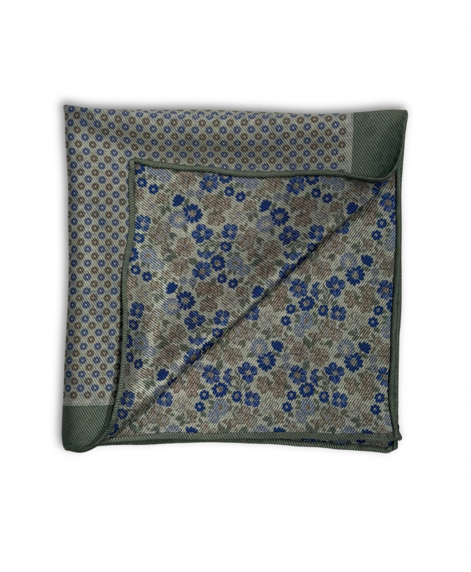 Green, Blue and Olive Floral and Dots Double Sided Pocket Square