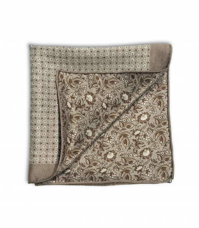 Grey, Brown and White Floral and Dot Double Sided Pocket Square