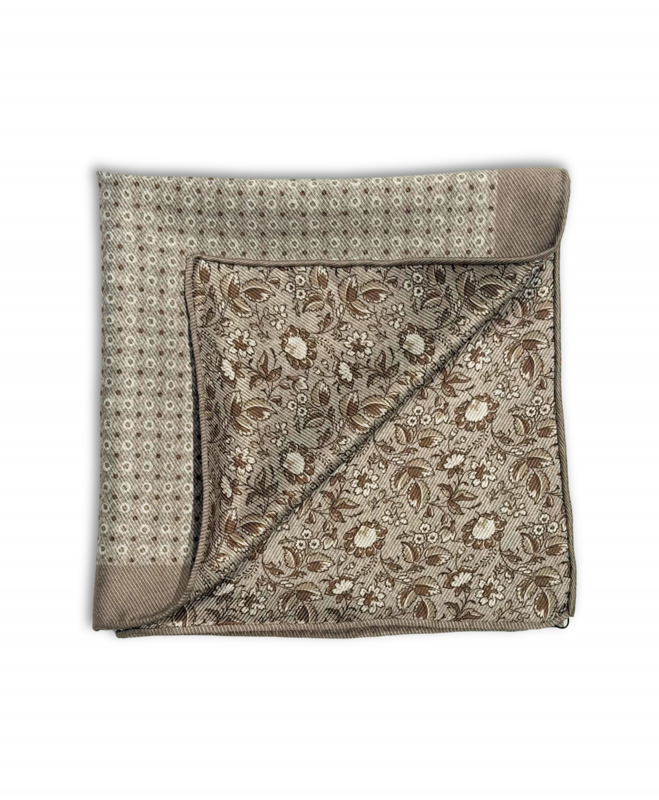 Grey, Brown and White Floral and Dot Double Sided Pocket Square