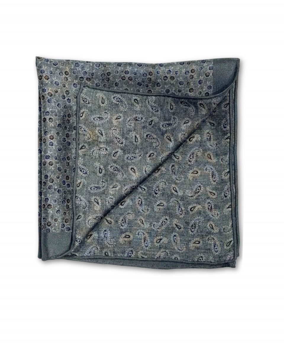 Green, Blue, Brown and White Floral and Paisley Double Sided Pocket Square