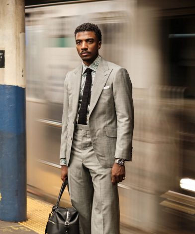 Derrick Brownie wearing a light grey suit in Dormeuil Imperial Jade for Look No. 13 of Michael Andrews Bespoke’s 20 for 20 lookbook.