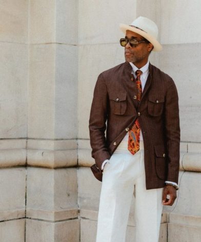 Karl-Edwin Guerre wearing Dormeuil Naturals in Washington Square Park for Look No. 10 of Michael Andrews Bespoke’s 20 for 20 anniversary lookbook.