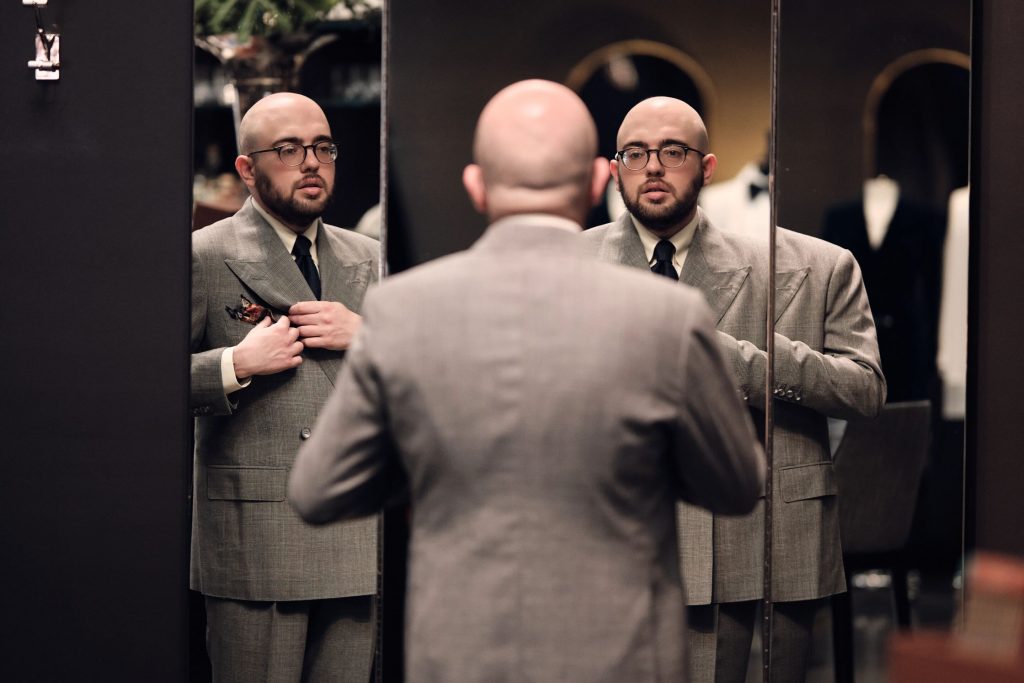 Dan Hakimi wearing a bespoke suit in Dormeuil Tonik Wool for Look No. 16 of Michael Andrews Bespoke’s 20 for 20 anniversary lookbook.