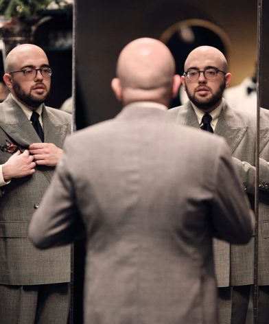Dan Hakimi wearing a bespoke suit in Dormeuil Tonik Wool for Look No. 16 of Michael Andrews Bespoke’s 20 for 20 anniversary lookbook.