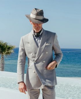 Guillaume Bo wearing Dormeuil Naturals for Look No. 8 of Michael Andrews Bespoke’s 20 for 20 anniversary lookbook.