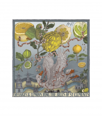 Oranges and Lemons Pocket Square by Sabina Savage in Acid and Smog- Flat image