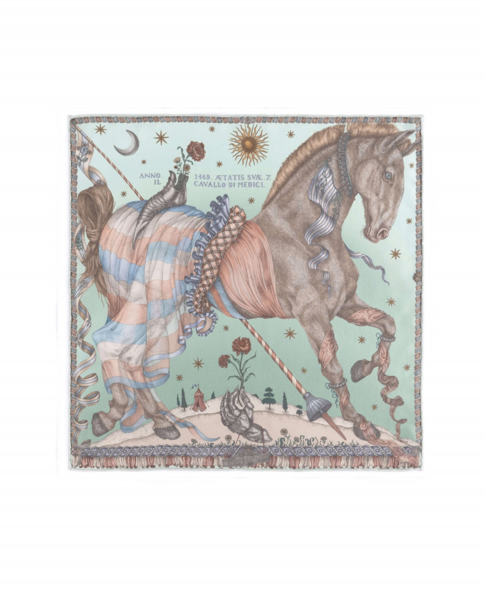 The Celestial Steed Silk Pocket Square in Celadon Salt - Flat image