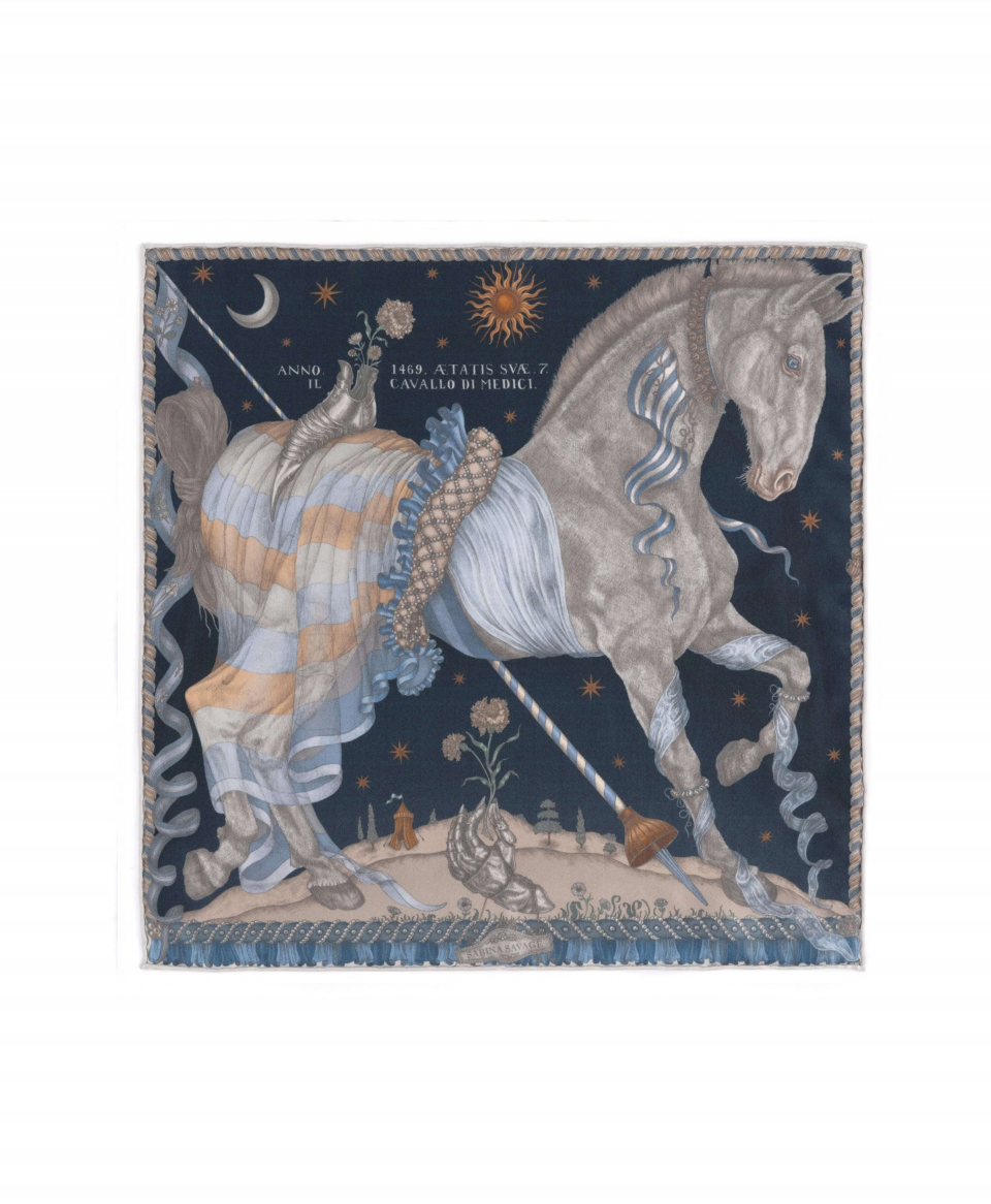 The Celestial Steed Silk Pocket Square by Sabina Savage in Mercury/Moonstone