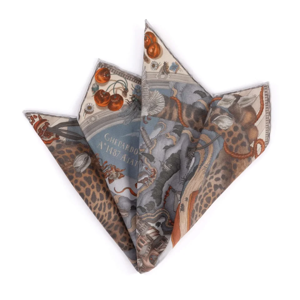 The Medici Cheetah Silk Pocket Square in Musk and Maraschino - Folded